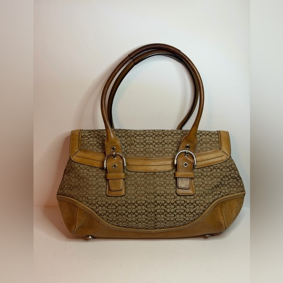 バッグ COACH Signature Soho Satchel Bag Brown Coach Brown Signature Soho Satchel in Canvas and Leather